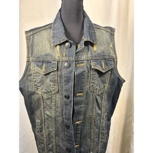 Y2K Vintage I-Link Premium Denim Trucker Vest Jacket Distressed Look Adult Large